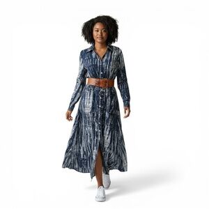 NWT Navy Print Maxi Shirt Dress Button Front Drawstring Waist Boho Midi Dress